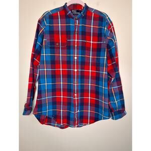 1980s Polo Ralph Lauren Red Blue Denim Plaid Heavy Western Mandarin Band Shirt L